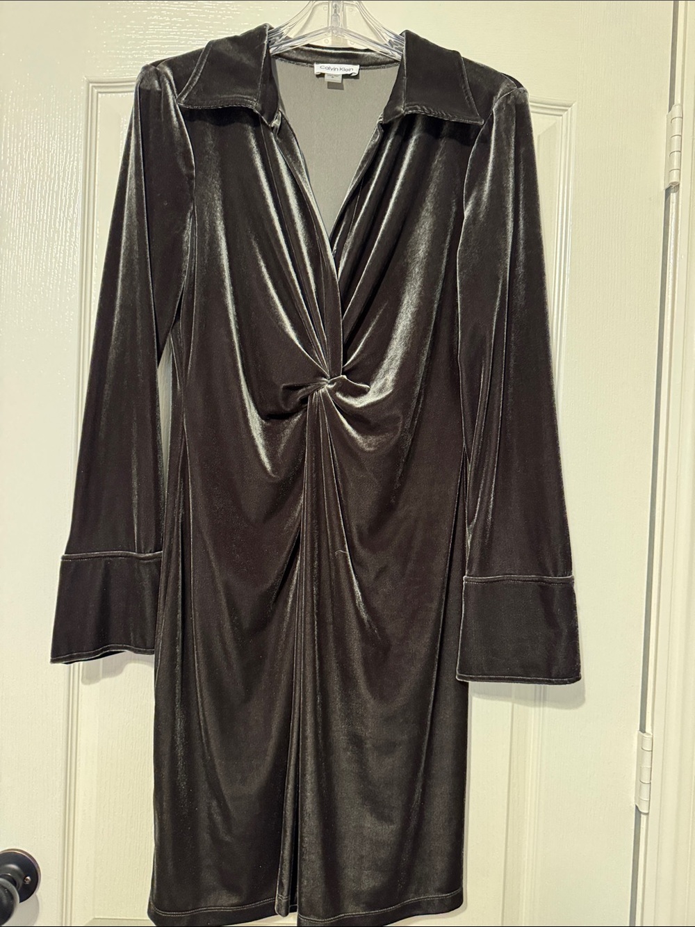 Calvin Klein Velvet Twist-Front Long Sleeve Dress in Olive Green 0014